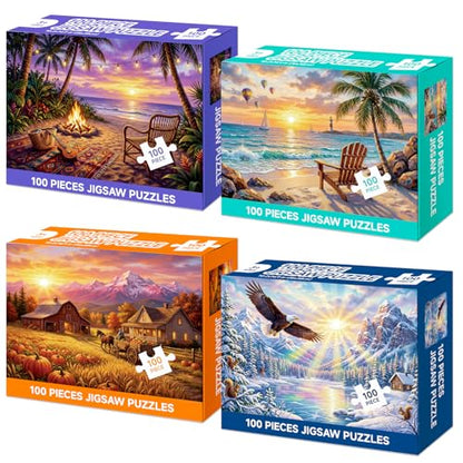 4 Packs 100 Piece Puzzle, Beach Harvest Winter Campfire 100 Piece Puzzles for Adults Seniors, Nature Landscape Large Piece Jigsaw Puzzles 100 Pieces for Seniors Adults Family Game Gifts (15x10 in)
