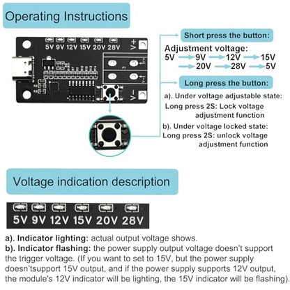 2PCS USB-C PD3.0/3.1 QC Trigger Module Female Input 5V 9V 12V 15V 20V 28V 5A Adjustable Voltage Power PD Sink Board Module Power Trigger with Indicator - style: 2 PCS