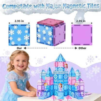 GobiDex 100PCS Magnetic Tiles Princess Castle Building Set with 4 Dolls | Princess Magnetic Blocks Building Toys for Kids Ages 4-8, Colorful Magnetic STEM Toys, 3 4 5 6 Year Old Girl Birthday Gifts