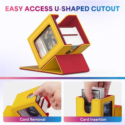 UAONO Card Deck Box for MTG Commander, Fits 100 Double-Sleeved Cards | Independent Commander Display, Magnetic Deck Case for Magic the Gathering TCG, 2 Dividers & 1 Top Loader (Yellow/Red) - color: A-Yellow&Red
