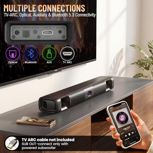 Sound Bar for Smart TV, 60W Bluetooth 5.3 Soundbar with Deep Bass & Clear Voice, Surround Sound with TV ARC/Optical/AUX, Slim 17-Inch Wall Mountable Sound Bar for TV, PC, Gaming & Projectors