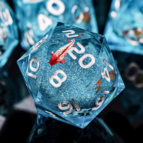 ARUOHHA Liquid Core DND Dice Set, 7pcs Resin Blue Sharp Edged Dragons Dice Compatible with D&D Role Playing Games, Handmade RPG Koi Fish Dungeons Polyhedral Dice Set D20 D12 D10 D8 D6 D4 - color: Hy-blue