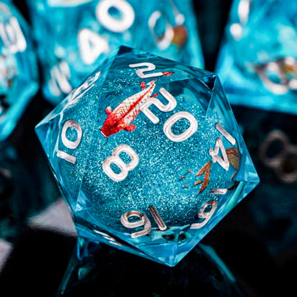 ARUOHHA Liquid Core DND Dice Set, 7pcs Resin Blue Sharp Edged Dragons Dice Compatible with D&D Role Playing Games, Handmade RPG Koi Fish Dungeons Polyhedral Dice Set D20 D12 D10 D8 D6 D4 - color: Hy-blue