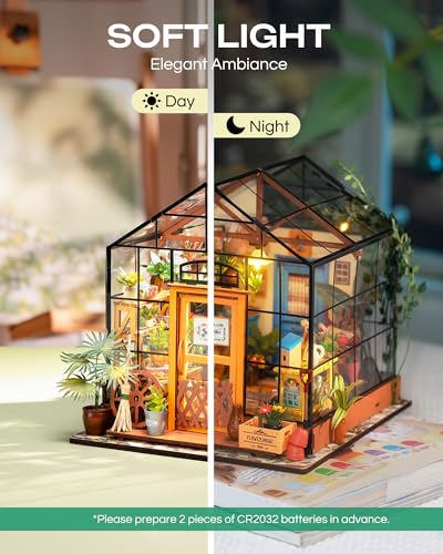 Rolife Greenhouse DIY Miniature Dollhouse Kit Creative Gift for Adults | 1:18 Scale Cathy's Flower House with LED Light, Wooden 3D Puzzle Model Kit, Diorama Craft Set for Home Decor Display