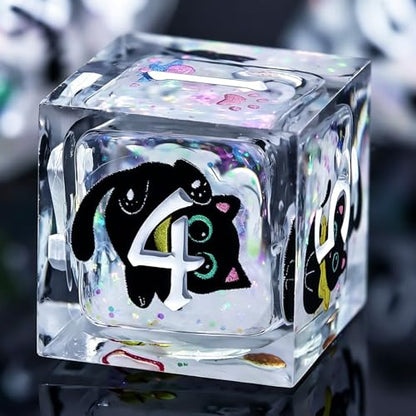 WizardsAracanum Cat Liquid Quicksand DND Dice Set Resin 7Pcs Dice DND with an Iron Box for DND COC Role Playing dice Games and Board Games Gift (Glitter Rainbow Cat) - color: Rainbow Giltter Cut Cat