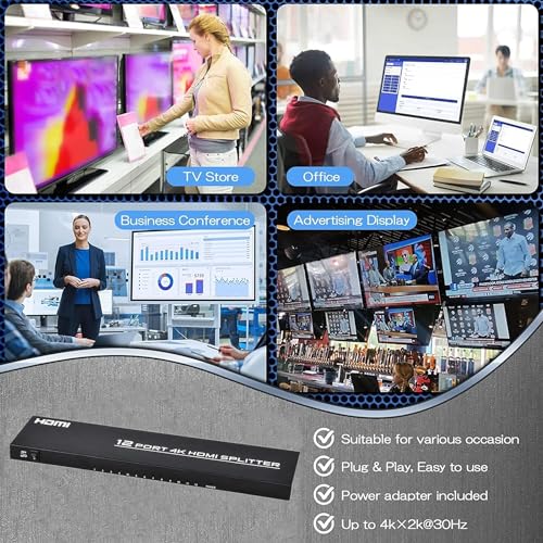 4K HDMI Splitter 1 in 12 Out, Powered HDMI Distributor Support 4Kx2K@30Hz Full HD for PC Laptop PS4 Xbox HDTV Office Home Teaching