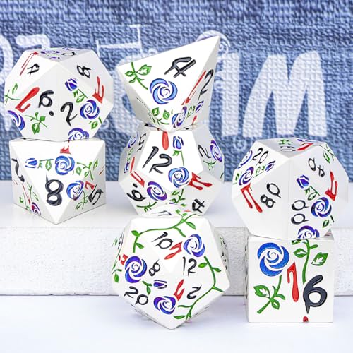 Gothic DND Dice Set Bleeding Rose Metal D and D Dice for use with Dungeons Dragons D&D Role Playing Game, Blue Purple RPG Polyhedral Dice Set D20 D12 D10 D8 D6 D4 - color: Purplish Blue&silver&black Numbers