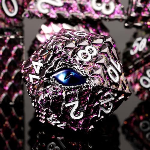 Metal Dice Set D&D,7 PCS Dragon Scale Metallic DND Dice Set,Dragon Eye Metal Dice with Grogeous Gift Case for Dungeons and Dragon Tabletop Game (Glitter Purple Dragon Scale & Blue Eye) - color: Glitter Purple Dragon Scale & Blue Eye