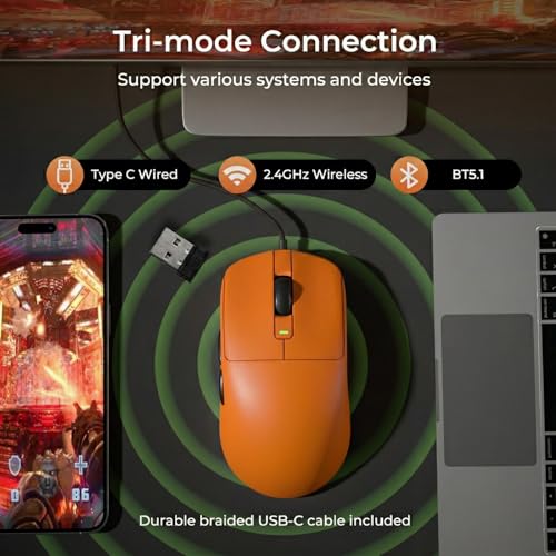 RK ROYAL KLUDGE RK M30 Wireless Gaming Mouse, 43g Ultra-Lightweight Computer Mouse with 2.4GHz/Bluetooth/USB-C, 24000 DPI, Rechargeable PC Game Mice with 5 Programmable Buttons for Win/Mac, Orange - color: orange