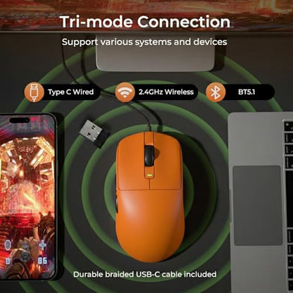 RK ROYAL KLUDGE RK M30 Wireless Gaming Mouse, 43g Ultra-Lightweight Computer Mouse with 2.4GHz/Bluetooth/USB-C, 24000 DPI, Rechargeable PC Game Mice with 5 Programmable Buttons for Win/Mac, Orange - color: orange