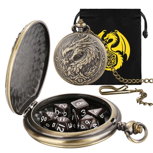 Mini DND Dice Set with Steampunk Dragon Large Pocket Watch Shell Case, 7-Piece Polyhedral Acrylic D&D Dice, DND Gift Bag with Dragon Logo, Role Play Board Game Accessories, Bronze + Brown - color: Bronze + Brown