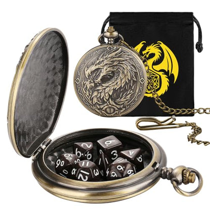 Mini DND Dice Set with Steampunk Dragon Large Pocket Watch Shell Case, 7-Piece Polyhedral Acrylic D&D Dice, DND Gift Bag with Dragon Logo, Role Play Board Game Accessories, Bronze + Brown - color: Bronze + Brown