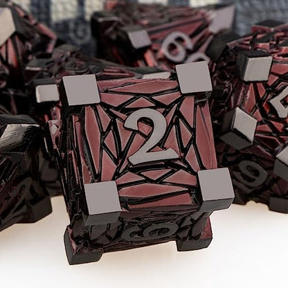 7PCS Metal DND Dice Set with Box, Debris RPG Red D and D Dice for use with D&D Tabletop Games Role Playing Game Polyhedral Dice Set D20 D12 D10 D8 D6 D4 - color: Black Red