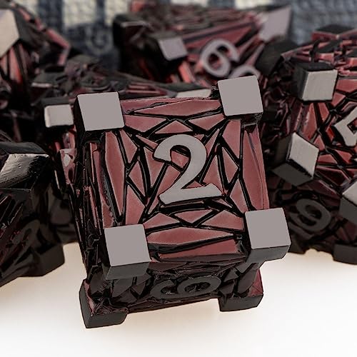 7PCS Metal DND Dice Set with Box, Debris RPG Red D and D Dice for use with D&D Tabletop Games Role Playing Game Polyhedral Dice Set D20 D12 D10 D8 D6 D4 - color: Black Red