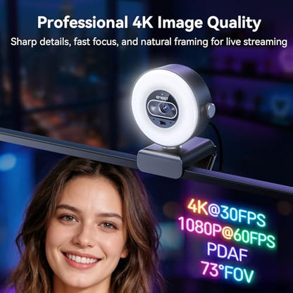 EMEET S600L 4K Webcam for Streaming with Ring Light, 1/2" Sensor, 0.2S PDAF | 4 Lighting Modes, Rainbow Effect, 2 Mics, Dial Control, 4K Webcam with Light for OBS/Twitch/YouTube/Zoom/PC/Mac - style: S600L Ring Light 1/2" Sensor