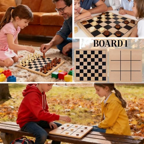 Glintoper 5-in-1 Wooden Board Game with 2 Reversible Boards for Chess, Checkers, Chinese Checkers, Snakes and Ladders, Tic Tac Toe, Tabletop Combo Classic Portable Board Games for Kids to Adult