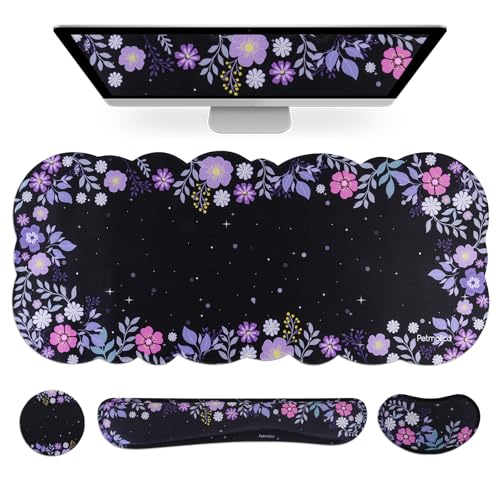 Petmolico Desk Pad Set with Wrist Rest for Keyboard & Mouse, Purple Floral | Anti-slip PU base, durable Lycra & memory foam, relieves wrist fatigue, perfect for work, home & daily use - color: Purple