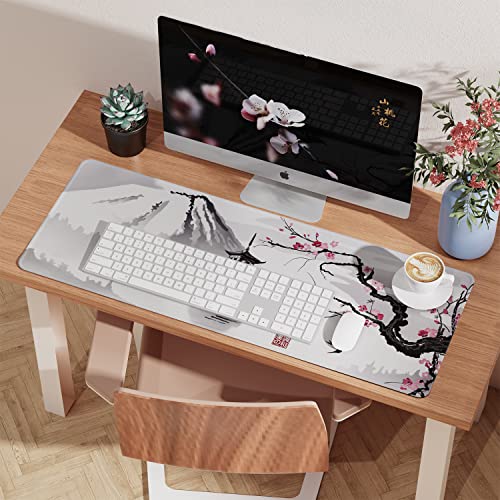 ETZ Japanese Cherry Blossom Mouse Pad XL, 31.5x11.8 | Sakura Pink Floral Art, Stitched Edges, Non-Slip Rubber Base, Large Desk Mat, Smooth Tracking, Waterproof, 3mm Thick - color: Ink Drawing Mouse Pad - 1