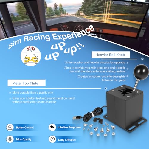 PC USB Sim Racing Shifter 6+R H Gear Shifter Compatible with Logitech G29 G27 G25 G920 T300RS/GT Steering Wheel, For PC Windows Steering 丨Plug Right into PC丨Metal Top Plate丨 Heavier Knob