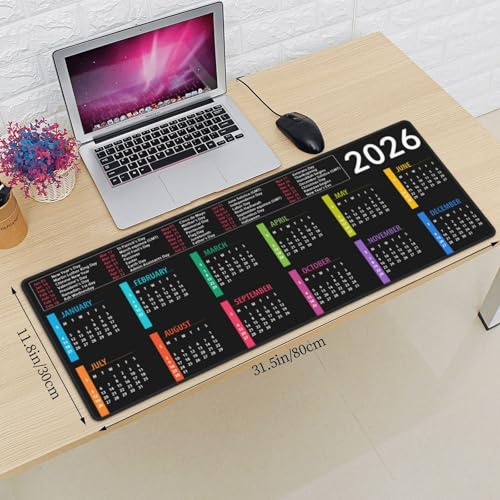 2026 Calendar Mouse Pad XL Extended Desk Mat, Computer Mousepad | Calendar With Holidays Non Slip Rubber, Base Stitched Edge, Gaming Pc Large Mice Pad 31.5 x 11.8 Inch - color: 2026 Calendar With Holidays