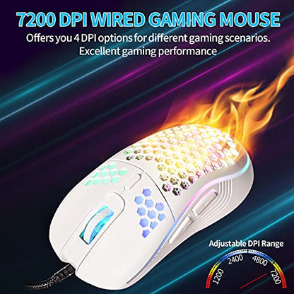 Techsea Honeycomb Wired Gaming Mouse with RGB On/Off Switch, 7200 Adjustable DPI, Ergonomic Lightweight Design & High Precision Sensor for PC/Mac Gamers (White) - color: Ceramic White