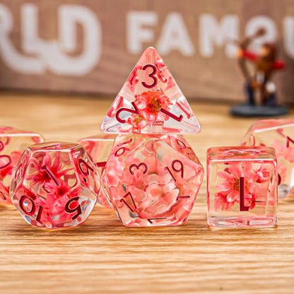 Flower Resin D&D Dice Set, 7pcs Polyhedral Dice for Dungeons and Dragons, RPG, MTG, Role Playing Games (D4, D6, D8, D10, D12, D20, D%) - color: Pink Flowers