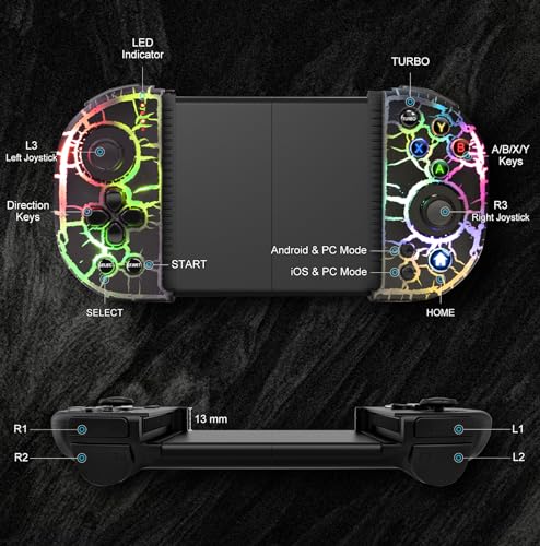 Joso Phone Controller for iPhone, Android, wireless Game Joystick with Hall Effect Joystick/Turbo, RGB Controller for iPhone 16/15/14/13/12 Series, Galaxy S24/23/S22/S21 Series Play COD Mobile & More - color: Black Crack