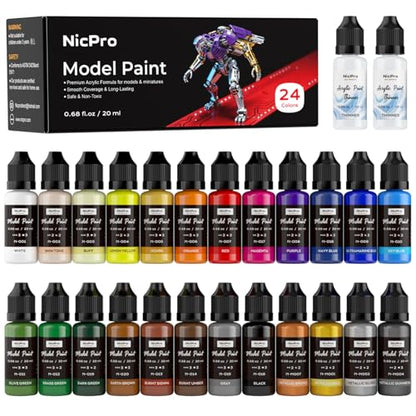 Nicpro 24 Colors Model Paint Set, 20ml Ready to Use Modeling Acrylic Paints | Brush & Airbrush Compatible, Miniature Paint Set for Beginner & Professional on Model, Scale Figure, Crafts, with 2 Thinner - style: 24 Colors with 2 Thinners