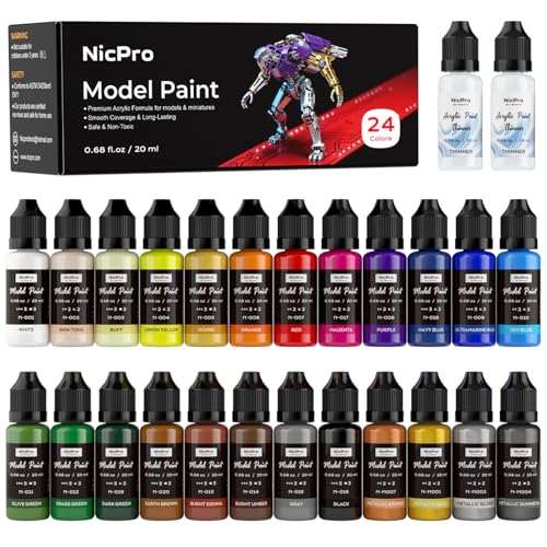 Nicpro 24 Colors Model Paint Set, 20ml Ready to Use Modeling Acrylic Paints | Brush & Airbrush Compatible, Miniature Paint Set for Beginner & Professional on Model, Scale Figure, Crafts, with 2 Thinner - style: 24 Colors with 2 Thinners