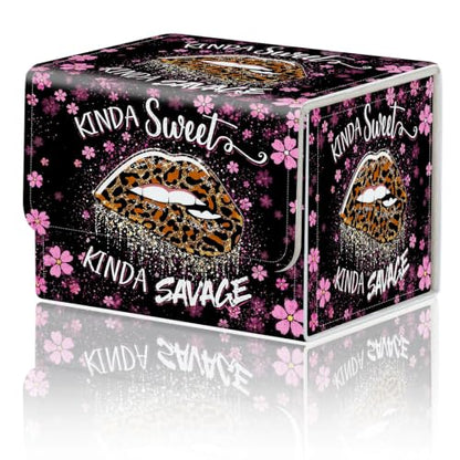Magnetic Closure TCG Deck Box Portable Card Holder Trading Card Deck Box | PU Leather Collectible Card Case Game Trading Card Deck Box Storage Scratch Resistant Lining, Leopard Print Lips Pink Daisy - color: Leopard Print Lips Pink Daisy