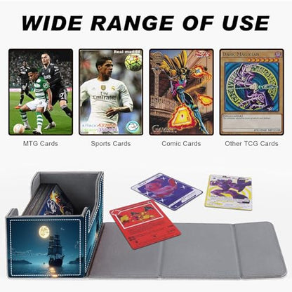 DEGDFSGR for TCG MTG Card Game Storage Box Organizer Trading Card Case Commander Deck Box Magnetic Closure Creative Pattern Up to 200 Cards, Moon Ship Blue Sea - color: Moon Ship Blue Sea
