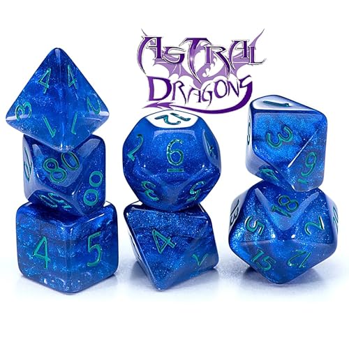 Gake Keeper Games & Dice: Sui Generis Dice - Astral Dragon - Indigo - 7 pc Resin Dice Set, Holographic Glitter, 4 Layers, Role Playing Games Accessory - style: Astral Dragons