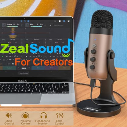 ZealSound Podcast Microphone for PC, Noise Cancellation USB Mic with Gain, Volume Adjustment & Mute Button, Monitoring & Echo, for YouTube, TikTok, Podcasting, Streaming, iPhone, iPad, Android, Mac - color: Gold