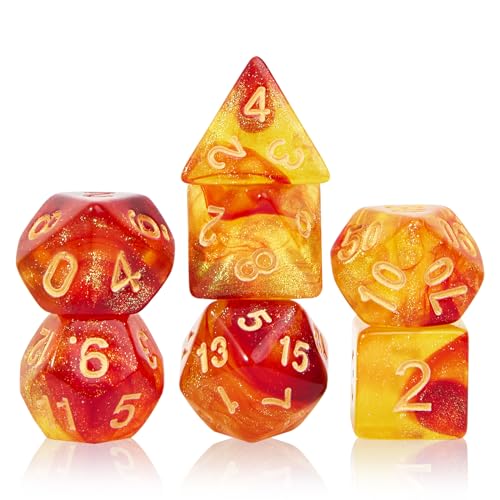 7Pcs Polyhedral DND Dice Set with Black Storage Bag (Red&Yellow+Nebula) | Classic dice set for RPG Polyhedral Dice for Dungeon and Dragons Playing Games 7-Die Set - color: Red&yellow+nebula Dice
