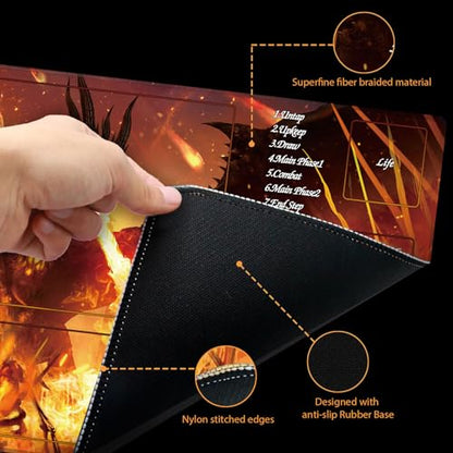 MTG Playmat with Storage Tube & 7-Dice Set - Waterproof TCG Playmat with Stitched Edges, Non-Slip Rubber Card Game Mat (24"x14") (playmat with Zones, 2-A Vicious fire-Breathing Dragon) - color: 2-a Vicious Fire-breathing Dragon, style: playmat with zones