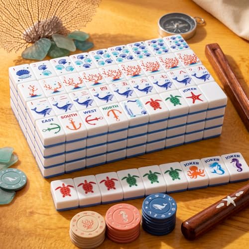 Simgoing 160 Pcs American Mahjong Tiles Set Blue Ocean Theme 2026 Mahjong Playing Cards Blue Mah Jong Game Set Portable Gift for Travel Beginner Lovers - color: Blue, style: Ocean