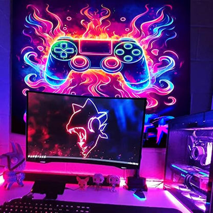 Manicer Blacklight Gaming Tapestry, Cool Neon Game Controller Wall Hanging for Boys Teens, UV Reactive GAME OVER Abstract Art 3D Gaming Poster Tapestries for Bedroom, Play Room - 29.5" x 39.4" - size: 39.4"L x 29.5"W