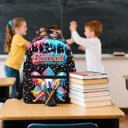 Baseball School Backpack for Kids Boys Ice Cream Sports Baseball Backpack for Girls Boys Children Elementary Middle School Students Bookbag Travel Back Pack - color: Ice Cream Baseball