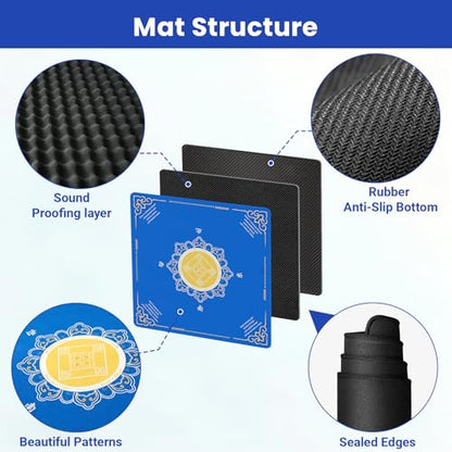 Mahjong Mat with Rules, 32.2 Inch Square Mahjong Mats for Table, Noise Reduction Mah Jong Mat, Rubber Anti-Slip Base for Board Games, Tiles Game & Dominoes Blue Flowers - color: Blue Flowers