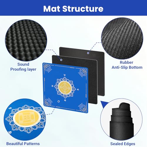 Mahjong Mat for Table, American Mahjong Mat with Rules, 32x32 Inch | Rubber Non-Slip Mah Jong Mat, Noise Reduction Table Cover Accessories for Mahjong, Poker, Board Games, Dominoe - color: Blue Flowers