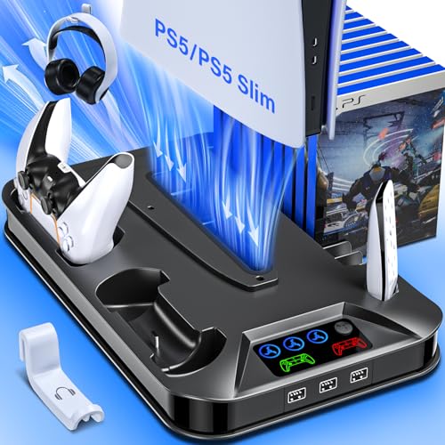 Cooling Station Console for Playstation PS5/Slim/Pro, Stand with Controller Charging Station for Playstation Console Playstation 5 Slim&Standard Disc/Digital Console, Cooler Accessories for PS5 Incl Cooling Fan/3 USB Hubs - color: Black