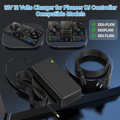 12V DJ Controller Charger Replacement Compatible with Pioneer DJ DDJ-FLX10 | Power Cord AC Adapter Fit for Pioneer DDJ 4-Channel 4 Channel DDJFLX10 FLX10 Performance DJ Controller Charging Plug Cable