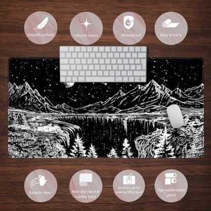 Black and White Desk Mat Dark Nature Forest Mouse pad XXL Starry Night Mountain Desk pad Aesthetic Moon and Stars Mousepad XXL for Laptop Computer Mouse Gaming Keyboard Mat, 31.5 X 15.8 in - color: Night Painting