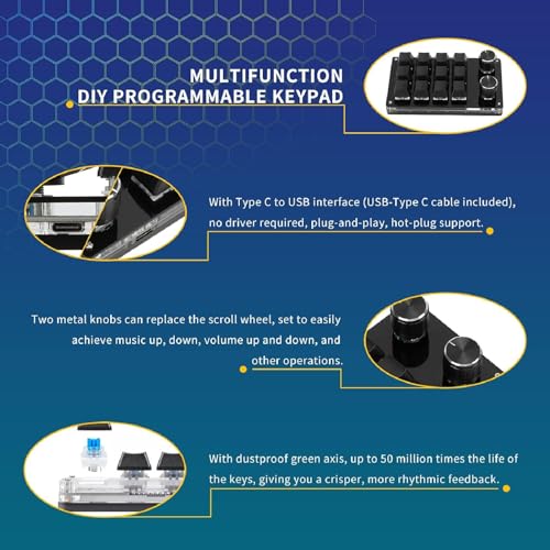 Macro Mechanical Gaming Keypad with 12 Programmable Keys and Dual Knobs for Linux macOS – Compact Wired Red Switch Controller for Gamers Creators and Engineers
