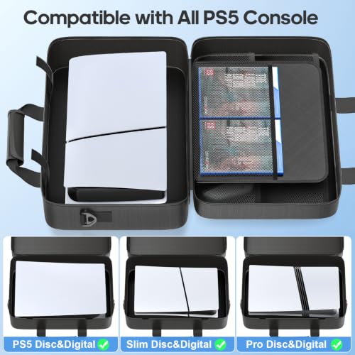 Gersker Carrying Case Compatible with PS5/Slim/Pro Disc & Digital, PS5 Travel Case for Play 5 Controllers, PS Portal, Game Discs, PS 5 Protective Travel Bag Play 5 Carry with Zipper Pocket, Black - color: All Black