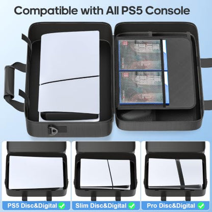 Gersker Carrying Case Compatible with PS5/Slim/Pro Disc & Digital, PS5 Travel Case for Play 5 Controllers, PS Portal, Game Discs, PS 5 Protective Travel Bag Play 5 Carry with Zipper Pocket, Black - color: All Black