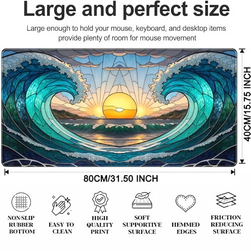 YKJWW Beach Sunset Desk Pad Cute Large Mouse Keyboard Desk Mat, Aesthetic Cute Gaming Desk Keyboard Mats for Desk Mat, Faux Stained Glass Sunset Mousepad Southwest Landscape Desk Pad 31.5x15.7 in - color: Blue Beach