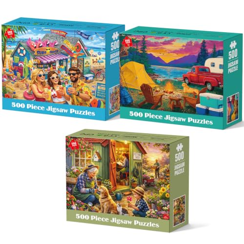 3 Pack 500 Piece Puzzle for Adults Colorful Scenic Jigsaw Puzzle Set Village Beach Sunset Puzzles for Teens Seniors Landscape Puzzles with Letters on Back Relaxing Family Game Gift 20.5 x 15 Inch