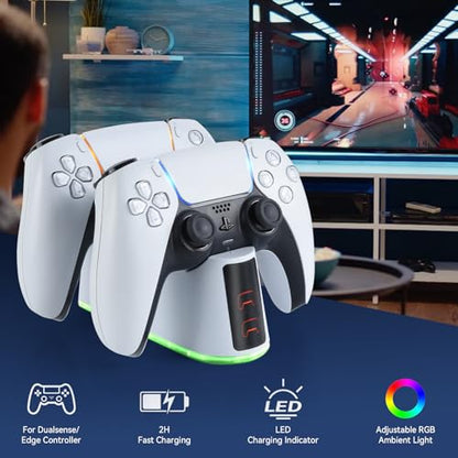 ELUTENG PS5 Controller Charger Dual Controller Charging Stand for PlayStation 5 with LED Indicator, Fast Charging Dock for DualSense Charging Station, PS5 Accessories Kits with USB Cable, White