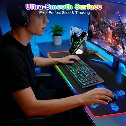 RGB Gaming Mouse Pad with Magnetic Wireless Charging & Foldable Phone Stand | 31.5"x11.8" XL Extended Mousepad with Stitched Edges, Ultra-Smooth Waterproof Surface, 25 Lighting Effects, Non-Slip Base - color: RGB-Magnetic Stand-31.5"x11.8"-Left